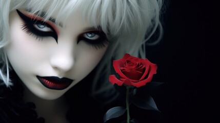 a woman with white hair and black makeup holding a red rose