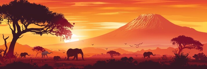 Vector illustration: classic African landscape with wild animals and Kilimanjaro. copy space