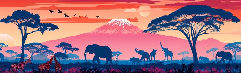 Fototapeta premium Vector illustration: classic African landscape with wild animals and Kilimanjaro. copy space