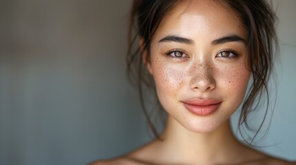 Naklejka premium A woman with brown hair and a tan complexion is smiling at the camera