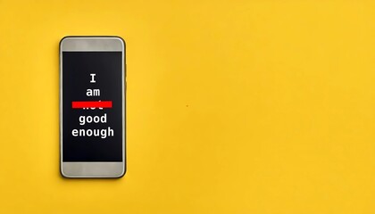 Mobile smartphone on yellow copy space with text written I AM NOT GOOD ENOUGH, crossed off NOT,  positive affirmmation to beat negative self-talk boost self esteem, self-worth and self-acceptance

