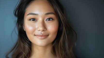 Fototapeta premium A woman with long brown hair and a tan complexion is smiling