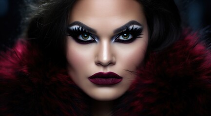 a woman with dark hair and black and white makeup