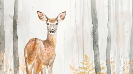 A watercolor painting of a simple deer alert in the woods, on a white background