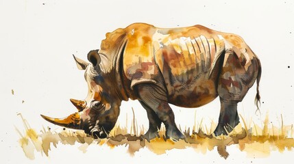 A watercolor painting of a simple rhino grazing peacefully, on a white background