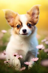 a small dog in a field of flowers