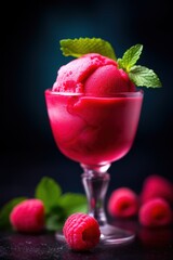 a glass with a scoop of pink ice cream