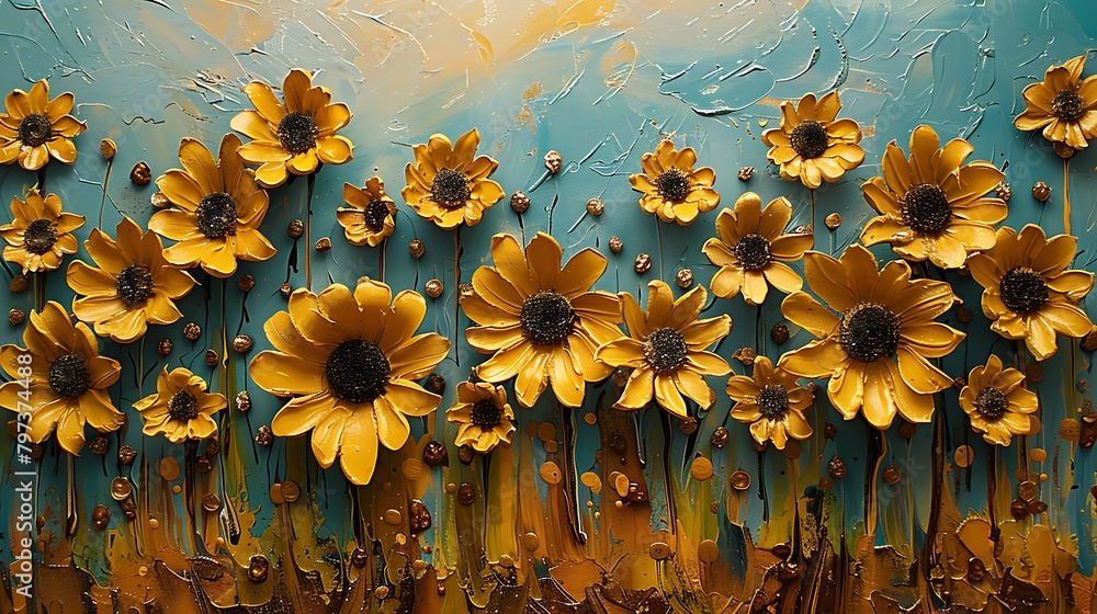 Wall mural visualize a sunflower field in full bloom using vibrant yellow and deep brown drips that merge organ