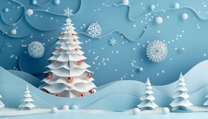 A beautiful winter wonderland with a snow-covered Christmas tree, decorated with red and white ornaments. The background is a light blue color.