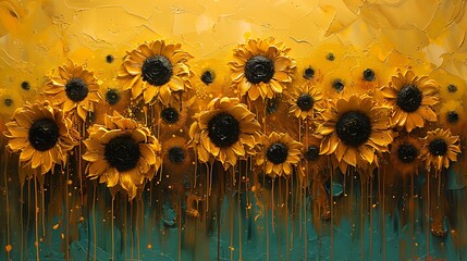 Visualize a sunflower field in full bloom using vibrant yellow and deep brown drips that merge organically