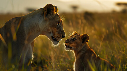 An intimate moment between an African lioness and her inquisitive cub, their affectionate interaction unfolding against the backdrop of Maasai Mara's iconic scenery, evoking a sense of wild beauty