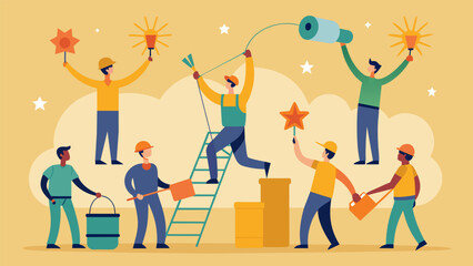 Each member of the crew has their own role some carefully handling the wiring while others use special tools to secure the fireworks in place.. Vector illustration