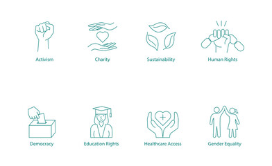 Vector Icons: Advocating for Activism, Charity, Sustainability, Human Rights, Democracy, Education Rights, Healthcare Access, and Gender Equality
