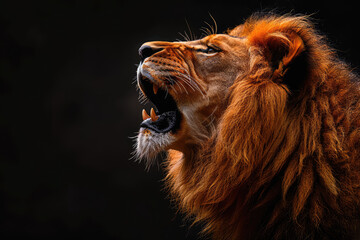  A majestic lion roaring, its mane flowing in the wind against a dark background. Created with Ai
