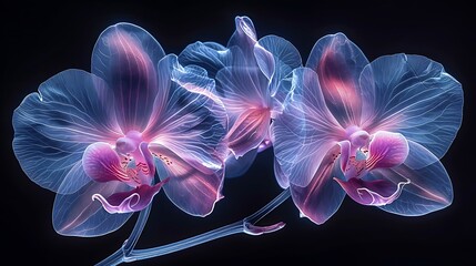 Paint an orchid through an X-ray view, focusing on its aerial roots and slender, arching blooms