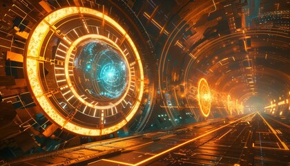 Futuristic sci-fi spaceship interior corridor with glowing orange lights and blue transparent futuristic interface elements.