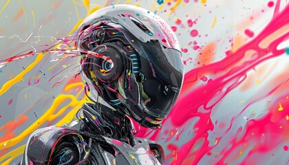 A painting of a robot made of metal and wires with paint splattered all over it
