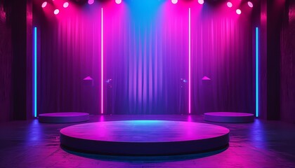 stage, pink, blue, neon, lights, podium, pedestal, platform, spotlight, curtain, backdrop, performance, show, event, concert, music, theater, dance,Biao Yan