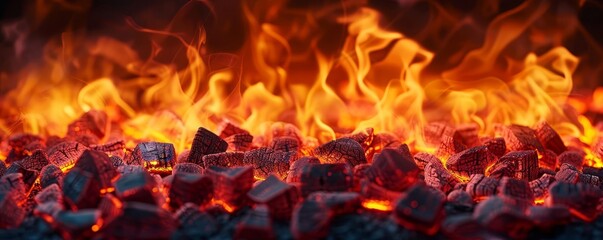 Classic Bonfire, Orange and yellow flames with glowing embers - obrazy, fototapety, plakaty
