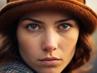 a close up of a woman wearing a hat