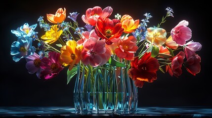 Visualize a bouquet of assorted flowers in a stained glass vase, with each species given its own unique color palette and segmented design