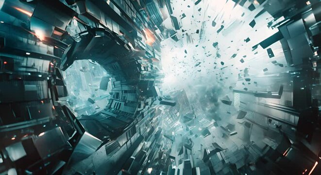 a virtual world disintegrating, a metaphor for the fallibility of digital utopias,