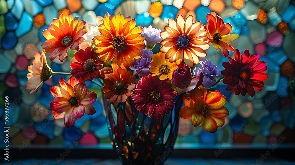 Canvas Prints visualize a bouquet of assorted flowers in a stained glass vase, with each species given its own uni