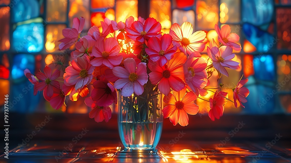 Wall mural visualize a bouquet of assorted flowers in a stained glass vase, with each species given its own uni