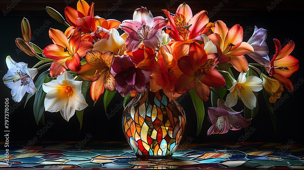 Wall mural visualize a bouquet of assorted flowers in a stained glass vase, with each species given its own uni