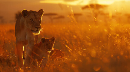 An enchanting scene unfolds in Maasai Mara as an African lioness and her tiny cub bask in the...