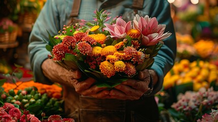 Visualize a close-up interaction between a florist and a customer, discussing over a selection of exotic flowers