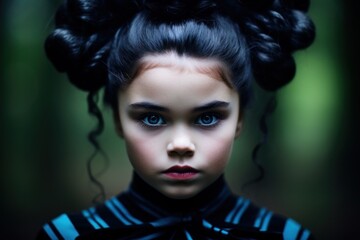 a girl with blue eyes and black hair