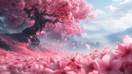 Visualize a cluster of cherry blossoms in full bloom, with petals fluttering downwind