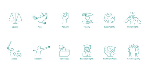 Vector Icons: Advocating for Equality, Peace, Activism, Charity, Sustainability, Human Rights, Justice, Freedom, Democracy, Educational Rights, Healthcare Access, and Gender Equality