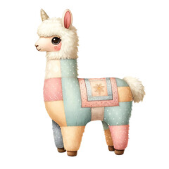 A stuffed animal llama with a pink and blue blanket on its back