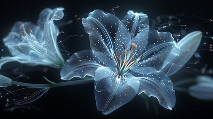 Visualize a cluster of lilies through an X-ray lens, highlighting the intricate networks of their veins and internal structures