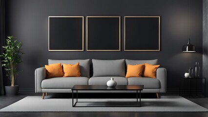  Living room with Frames for art on a black wall. Gallery in dark colors with a gray sofa or couch. Rich exhibition mockup layout triptych. 3d render 