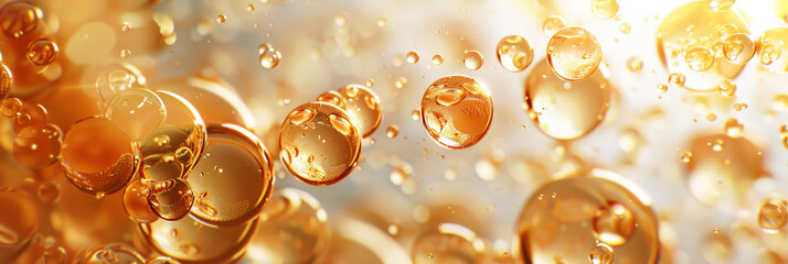 Golden yellow abstract oil bubbles or face serum background. Oil and water bubbles .golden yellow Bubbles oil or collagen serum for cosmetic product, banner poster