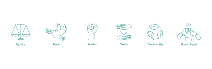Vector Icons Representing Equality, Peace, Activism, Charity, Sustainability, and Human Rights Advocacy