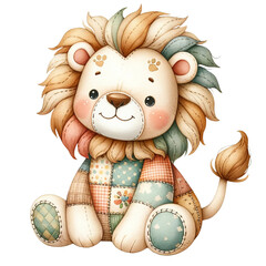 A lion stuffed animal is sitting on a bed with a patchwork quilt