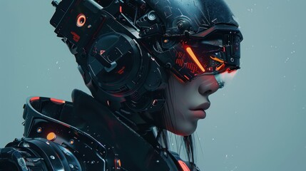Fototapeta premium Woman cyborg robot with helmet technology modern future cyberpunk Background wallpaper AI generated image