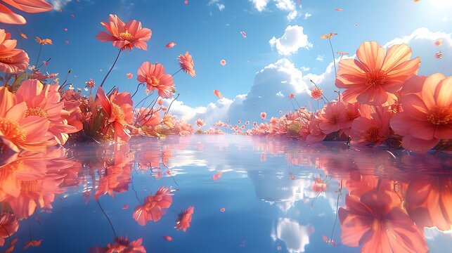 Visualize a floating island of hybrid flowers in the sky, where each bloom combines the buoyant, airy qualities of dandelion fluff with the striking forms of tropical plumeria