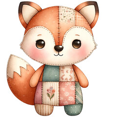 A cute stuffed animal fox with a patchwork quilt on its back