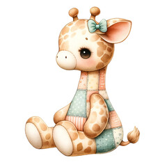 A giraffe with a bow on its head is sitting on a patchwork blanket