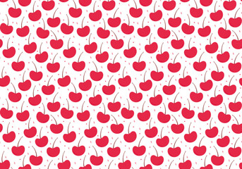 Seamless pattern of hand draw cherry fruit with kawaii eyes on white background.Summer red fruit backdrop. Vector illustration in flat style. Cute simple design.