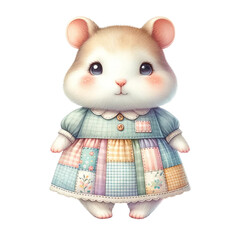 A cute little hamster is wearing a dress and standing on a white background