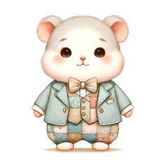 A cute little white hamster wearing a suit and bow tie
