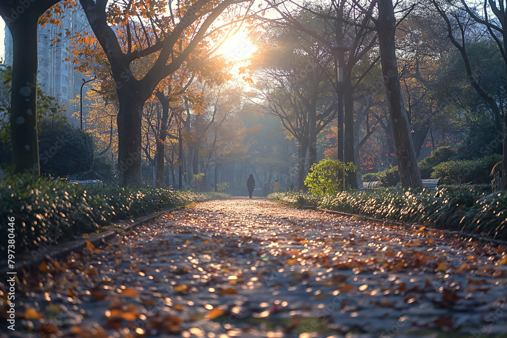 Poster a person walking down a leaf-covered path with the sun shining through trees in the background.