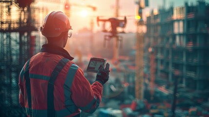 A man in a construction site is using a tablet to control a drone