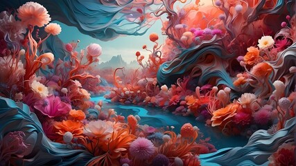 Fototapeta na wymiar A surreal landscape of otherworldly plants and flowers, their twisted forms and vivid colors creating a dreamlike atmosphere.